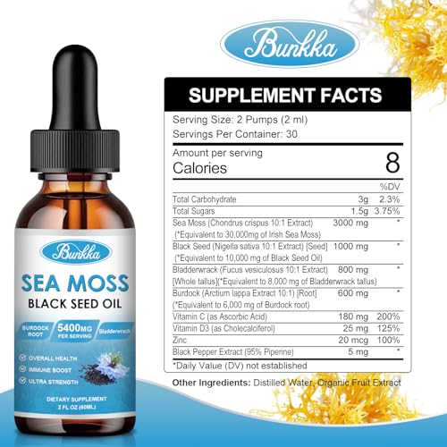 Bunkka Sea Moss 3000mg Black Seed Oil 1000mg with Burdock Root 600mg Bladderwrack 800mg&Vitamin C Vitamin D3, Irish Sea Moss Drop for Immune System, Gut, Skin & Energy