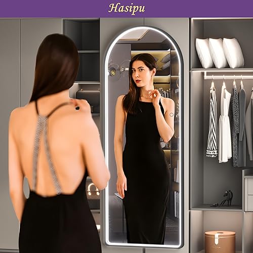 Hasipu Full Length Mirror with Lights, 71" x 24" LED Lighted Floor Standing Mirror, Full Body Dressing Hanging Mounted Mirror, Dimmable, Tempered Glass, Safe to Use, Square White