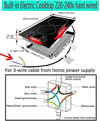 Karinear 2 Burner Electric Cooktop 12 Inch Built-in Electric Stove Top, 220v- 240v Electric Radiant Cooktop with Residual Heat Indicator, Knob Control, Over-Temperature Protection, Hard Wire(No Plug)