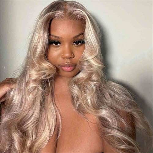 Rina 200% Density Milk Tea Ash Blonde Lace Front Wig Human Hair Upgrades Body Wave Platinum Grey Balayage Lace Front Wig More Full and Thicker 13x4 HD Invisible Frontal Wig for Women 18 Inch