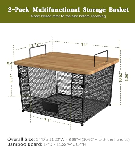 2 Set Stackable Wire Basket with Bamboo Top, Pantry Organization and Storage - Cabinet Shelf, Space-Saving Fruit Basket for Kitchen Counter for Produce, Vegetable, Bread, Potato and Onion Bin, Black