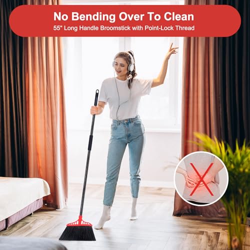 Tiumso Heavy Duty Broom, Outdoor Brooms, Commercial Broom for Sweeping Indoor, Kitchen Broom with 55" Long Handle, Angle Brooms for Patio Kitchen Shop Sidewalk - Black and Red