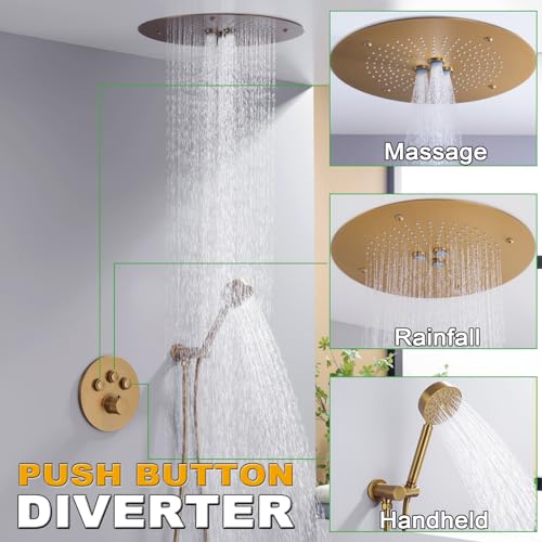 TRUSTMI Thermostatic Shower System 3 Way FLow-Adjust Push Button Diverter Valve, 16 Inch High Pressure Rainfall and Handheld Shower, All Metal Ceiling Mount Round Shower Faucet, Brushed Brass Gold