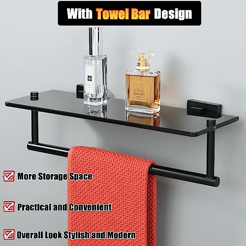 Alise Bathroom Shelves Glass Shelf with Bar,Wall Mount Floating Shelves for Bathroom,1 Tier Tempered Glass Holder Rack Storage Organizer,SUS304 Stainless Steel GOY6380-B Black