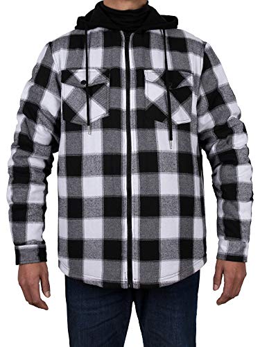 ZENTHACE Hooded Flannel Jacket with Hood Men Sherpa Fleece Lined Full Zip Up Flannel Hoodie Shirt Jacket Coat Fall Navy/White S