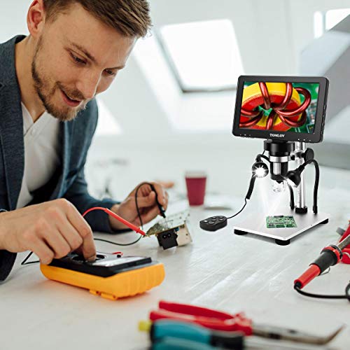TOMLOV DM9 7" Digital Microscope: 1080P 1200X Coin Microscope Magnifier, 12MP Ultra-Precise Focusing LCD Soldering Microscopes for Adults, PC View, 32GB