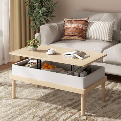 Shintenchi Coffee Table, Lift Top Coffee Table with Hidden Compartment, Rising Tabletop Dining Table, Lift Top Coffee Center Table for for Living Room, Office, Home (Ivory)