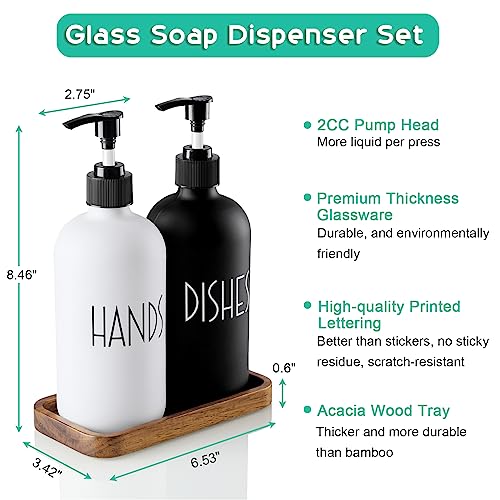 ALELION Glass Dish Soap Dispenser for Kitchen - 16 OZ Hand Soap Dispenser Set with Pump and Acacia Wood Tray - Black White Modern Farmhouse Kitchen Bathroom Decor and Accessories