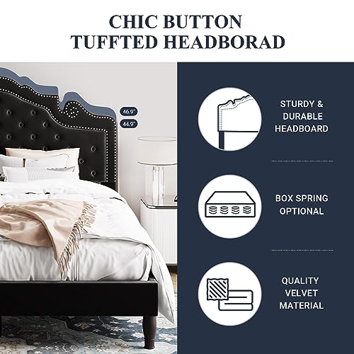 Allewie Full Size Bed Frame with Adjustable Velvet Tiara Headboard, Upholstered Diamond Button Tufted Platform Bed, Wood Slats Support, No Box Spring Needed, Black