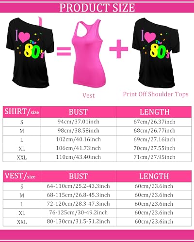 Didaey I Love The 80's Disco 80s Costume Print Off Shoulder Tops Tank Top Headband Earring Necklace Legwarmers Fishnet Gloves (Rose Red,Small)