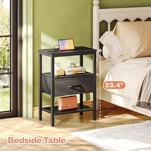 SUPERJARE Nightstand Set of 2, Bed Side Tables with Charging Station, Adjustable Fabric Drawer, Night Stand for Bedroom, 3-Tier Storage End Tables, for Living Room - Charcoal Gray