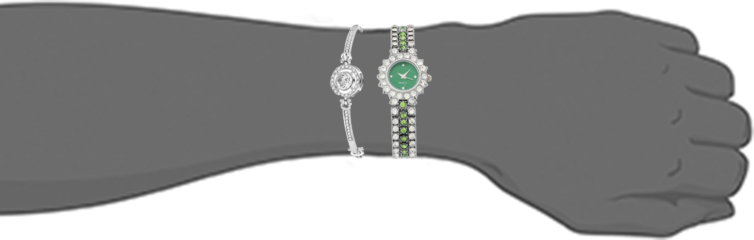 BESTKANG Women's Watch Two Tone Diamond Luxury Elegant Water Diamond Quartz Bracelet Set (Silver Green)