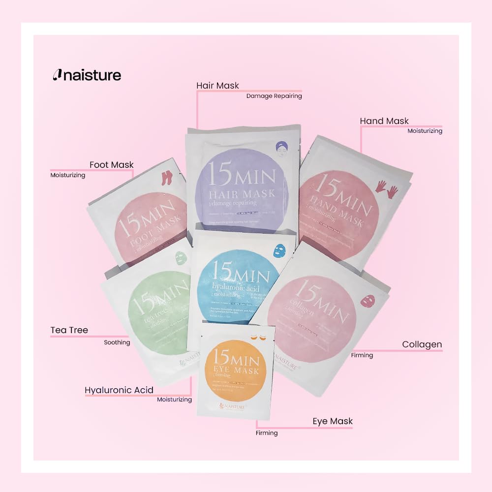 Spa Kit for Women-Korean Skincare Set Includes home spa essentials like a hair mask, hand and foot masks, eye mask, facial masks. Pamper yourself with 15 MIN PAMPER ME KIT by [NAISTURE]