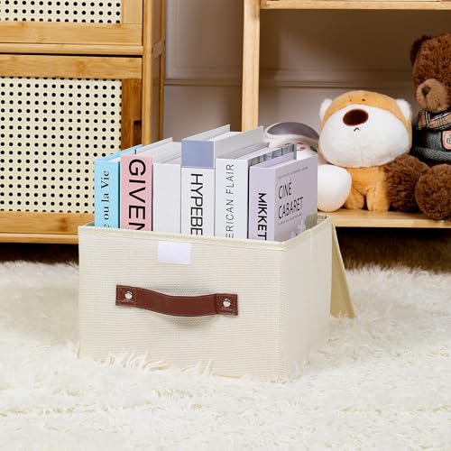 ANMINY 4PCS Storage Bins with Lid PU Leather Handles Storage Boxes PP Plastic Board Decorative Foldable Lidded Cotton Linen Fabric Home Cubes Baskets Closet Organizer Containers - Purple, Large Size