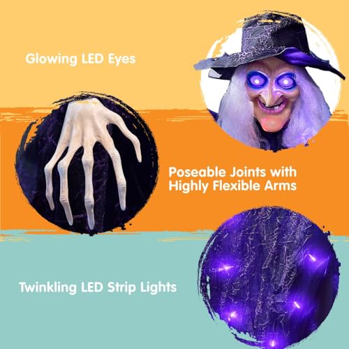 JOYIN 72” Hanging Witch Decor Halloween Decorations Indoor, Talking Halloween Witch on Broom Light Up Witch Decoration Purple Eyes Sound Activation Haunted House Party Supplies Prop Décor Modern