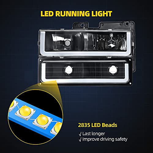 DWVO LED DRL Headlights Assembly Compatible with 1990-1999 Chevy Silverado C/K 1500 2500 3500/Suburban/Tahoe/GMC Yukon Headlamp Replacement Pair with Daytime Running Light