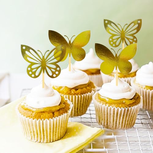 Blopee Cupcake Toppers, Butterfly Cupcake Toppers for Birthday Party, 24 pcs Gold Cupcake Toppers, Butterfly Shaped Happy Birthday Cupcake Toppers for Bridal Baby Shower Girls Women Wedding Party