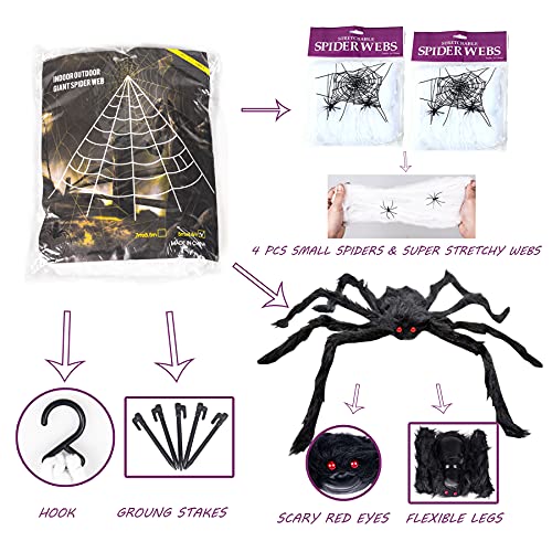 Easeen Halloween Spider Decorations, 50" Scary Giant Spider with 200" Triangle Web & 2×20gr Spider Webs, Large Hairy Spider Props for Halloween Creepy Decor Indoor, Outdoor, Party, Window, Wall, Yard