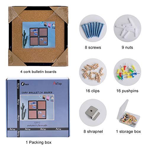 AkTop Cork Board Bulletin Board 12x12, Black Framed Corkboard 4 Pack, Small Square Pin Board for Wall, Mini Thick Cork Tiles with 16 Push Pin Wood Clips for School, Home & Office