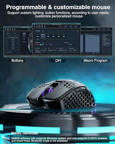 SOLAKAKA SM600 Honeycomb Shell Gaming Mouse Wireless,8000 DPI Tri-Modes BT5.1/2.4G Wireless/Type-C Wired Gamer Mouse with 2 Side Buttons, Macro Programmable and RGB Light for PC/Mac/Laptop,Black