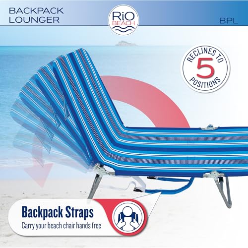 Rio Brands Portable Folding Backpack Beach Lounge Chair with Backpack Straps and Storage Pouch, Blue Multi Stripe