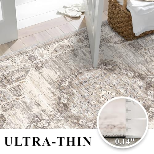 Washable Area Rugs 3x5 Entryway: Soft Ultra Thin Low Pile Mat Machine Washable Indoor Doormat Lightweight Entry Rug Anti Slip Backing Rugs for Living Room Bedroom Kitchen 3'x5' Beige