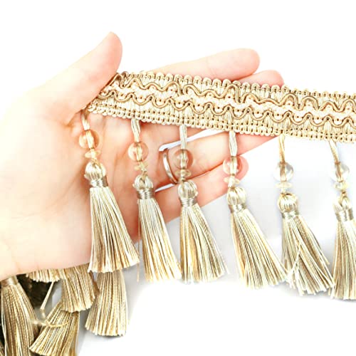 Fenghuangwu 6.5 Yard Beads Tassel Handmade Fringe Trim Ribbon Trimming, 11Cm/4.3Inch Diameter Hand Knitting Tassel Fringing Trimmings for Decor, DIY
