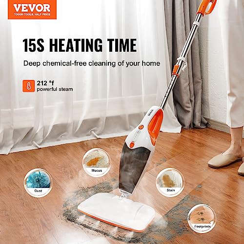 VEVOR Steam Mop, 5-in-1 Floor Steamer, Steam Mop for Hardwood Floors with 4 Replaceable Brush Heads, Floor Steam Cleaner for Ceramic, Granite, Marble, Linoleum, Natural Floor Mop with 2pcs Pads