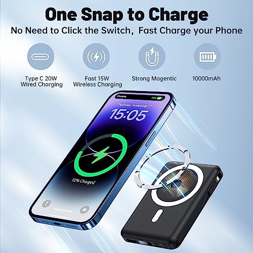 Yiisonger Magnetic Wireless Power Bank - 10000mAh Mag-Safe Portable Charger 22.5W PD Fast Charging with Built-in Cables LED Display, Magnetic Battery Pack for iPhone 16/15/14/13/12/Pro/Mini/Pro Max