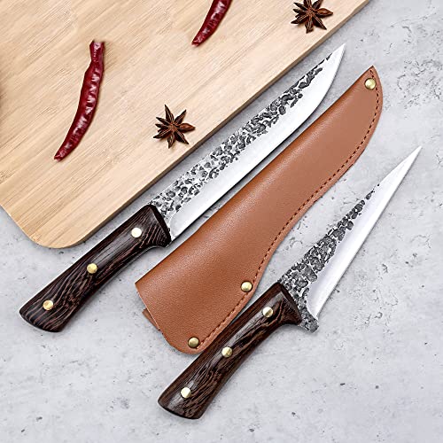 FULLHI 8pcs Butcher Knife Set Hand Forged Chef Knife Boning Knife With Sheath High Carbon Steel Carving Knife Fish Knife Chef Knife Set for Kitchen, Camping, BBQ