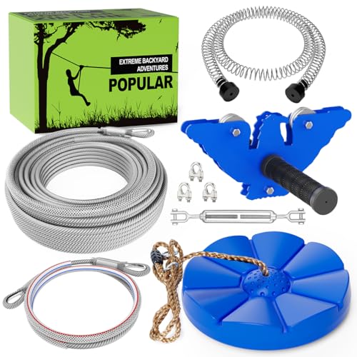 X XBEN Zip line Kits for Backyard, Zip Lines for Kid and Adult, Included Swing Seat, Ziplines Brake, and Steel Trolley, Outdoor Playground Equipment (65FT)