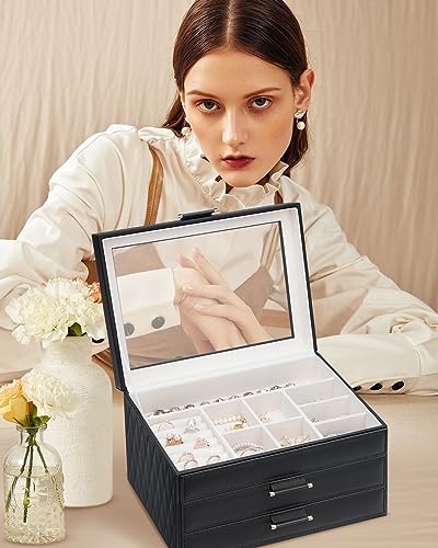 V-LAFUY Jewelry Organizer Box, Jewelry Holder Organizer 3 Layers with 2 Drawers, Jewelry Boxes Display Earring Necklace Watch Bracelet and Rings - Glass Lid Apricot