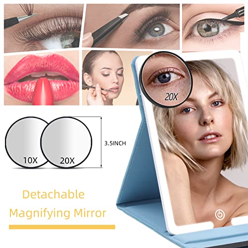 Travel Mirror with Light and Round 10X 20X Magnifying Mirror, PU Leather Travel Makeup Mirror with 3 Light Settings, Portable LED Lighted Makeup Mirror of 8 * 5.5inch, with 2000mAh