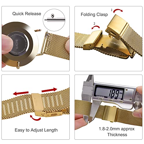 EACHE Stainless Steel Mesh Watch Band for Women, Quick Release Mesh Watch Straps for Ladies 12mm Gold