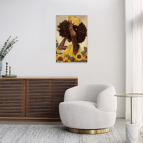 QIXIANG African American Canvas Wall Art Black Queen Portrait Posters Yellow Sunflower Girl Painting Prints Artwork for Bedroom Decor (11.00" x14.00", Queen)