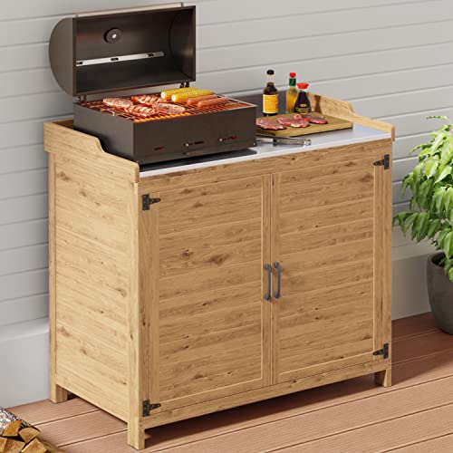 Gizoon Outdoor Potting Bench with Metal Tabletop, Outdoor Garden Patio Wooden Storage Cabinet with Adjustable Shelf, Double Doors Garden Work Bench for Backyard, Patio, Lawn - Grey