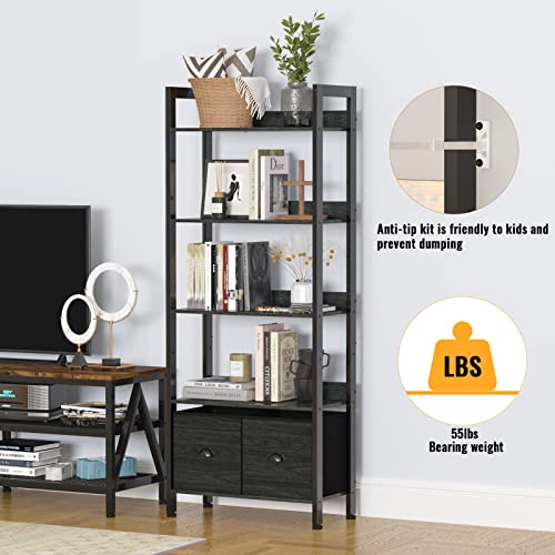 Furologee 5-Tier Bookshelf, Tall Bookcase with 2 Storage Drawers, Industrial Display Standing Shelf Units, Wood and Metal Storage Shelf for Living Room, Bedroom, Home Office, Black Oak