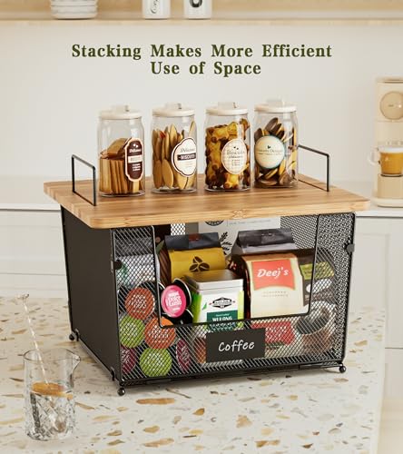 2 Set Stackable Wire Basket with Bamboo Top, Pantry Organization and Storage - Cabinet Shelf, Space-Saving Fruit Basket for Kitchen Counter for Produce, Vegetable, Bread, Potato and Onion Bin, Black