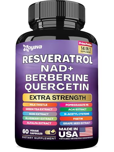 Resveratrol Supplement 12600mg NAD+ 100mg Milk Thistle 900mg Berberine 4000mg Fisetin 500mg Quercetin 800mg NAC 100mg Grape Seed Extract 400mg Green Tea Extract 400mg with Noni Blueberry (60 Caps)