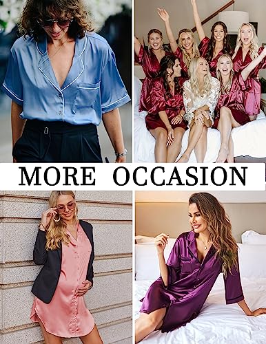 Ekouaer Women's Nightshirt Button Down Satin Nightgown 3/4 Sleeve Sleep Shirts V Neck Sleepwear Notch Collar Pajama Dress Lilac L