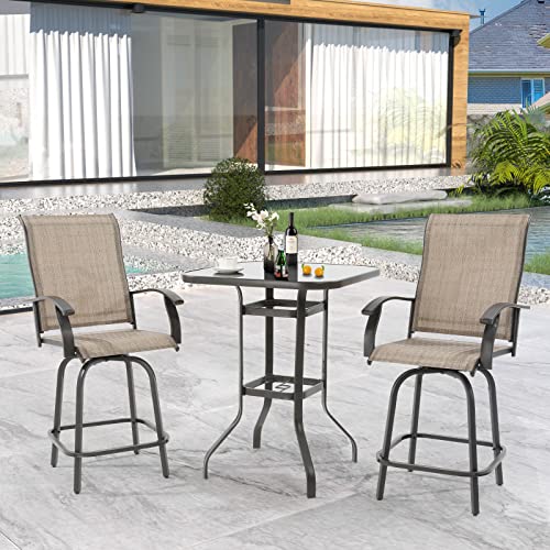 UDPATIO Outdoor Swivel Bar Stools Set of 2,Outdoor High Bistro Stools with Waterproof Textile Fabric,Armrest,Footrest,All Weather Bar Height Patio Chairs for Poolside, Garden, Backyard,Brown