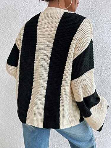 Verdusa Women's Colorblock Lightweight Cardigan Sweaters Button Down Bell Sleeve Knit Outerwear Spring Fall Clothes Black and Apricot Small