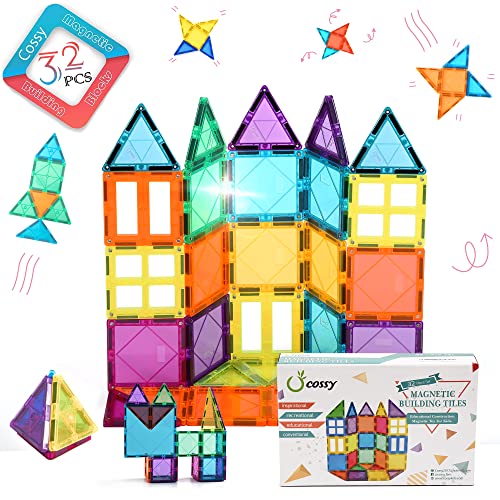 cossy 32Pcs Magnet Tiles Magnetic 3D Building Blocks Set Educational Construction Toys for 3+ Year Kids with Stronger Magnets, Rivets-Fastened, Inspirational, Recreational, Educational, Conventional