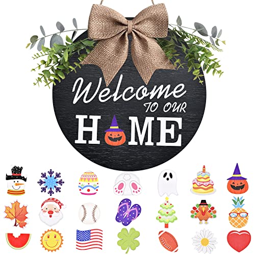 Interchangeable Welcome Home Sign, Seasonal Front Porch Door Decor With 21 Changeable Seasonal Icons for Halloween/Christmas/Independence Day, Rustic Wood Wreaths for Housewarming Gift (12") (Black)