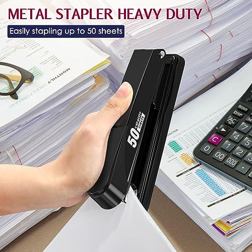 Metal Stapler Heavy Duty 50 Sheet Capacity with 1750 Staples and Staple Remover, Full Strip Staplers for Desk, No Jam, Non-slip Office Stapler with Staples for Office & Classroom, Black