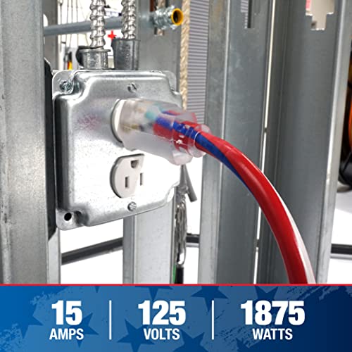 Southwire Heavy Duty Extension Cord, 50Ft, 12 Gauge, 3 Conductor, Outdoor Cord, Lighted End, SJTW, Red/White/Blue, 2548SWUSA1