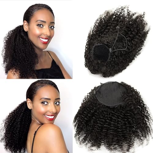 Loxxy Kinky Straight Ponytail Extensions Real Remy Human Hair For Black Women Natural Black Wrap Around Clip in Hairpieces Kinky Yaki Pony Tails Natural Black #1B 20Inch 100g