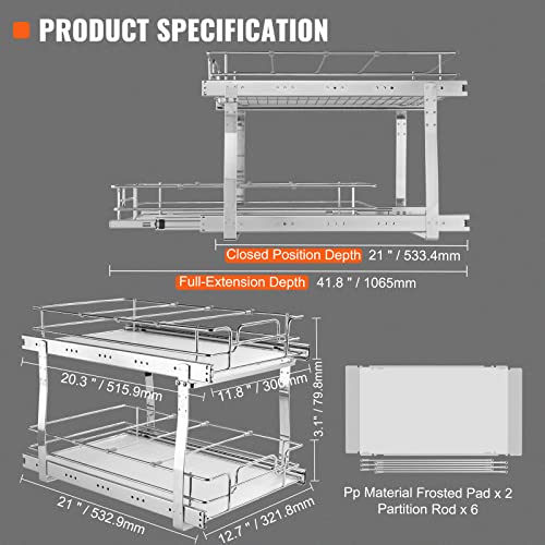 VEVOR 2 Tier 13"W x 21"D Pull Out Cabinet Organizer, Heavy Duty Slide Out Pantry Shelves, Chrome-Plated Steel Roll Out Drawers, Sliding Drawer Storage for Inside Kitchen Cabinet, Bathroom, Under Sink