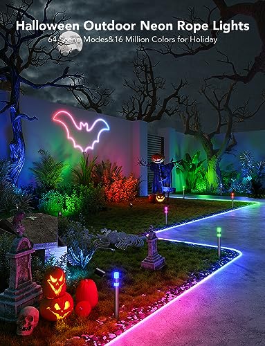 Govee Outdoor Neon Rope Lights, 32.8ft RGBIC IP67 Waterproof Halloween Decorations with 64 Scene Modes, Music Sync, Flexible LED Outdoor Lights, Halloween Lights Work with Alexa, Google Assistant