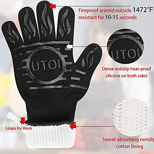 UTOI BBQ Grill Gloves, 1472°F Heat Resistant Barbecue Gloves Oven Mitts, Silicone Non-Slip Cooking Gloves for Kitchen, Grilling and Baking, EN407 Certified, 13 inch Long, Black, XL Size, 1 Pair